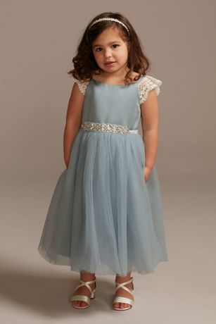 David's Bridal Crochet Cap Sleeve Ruffle Flower Girl Dress
